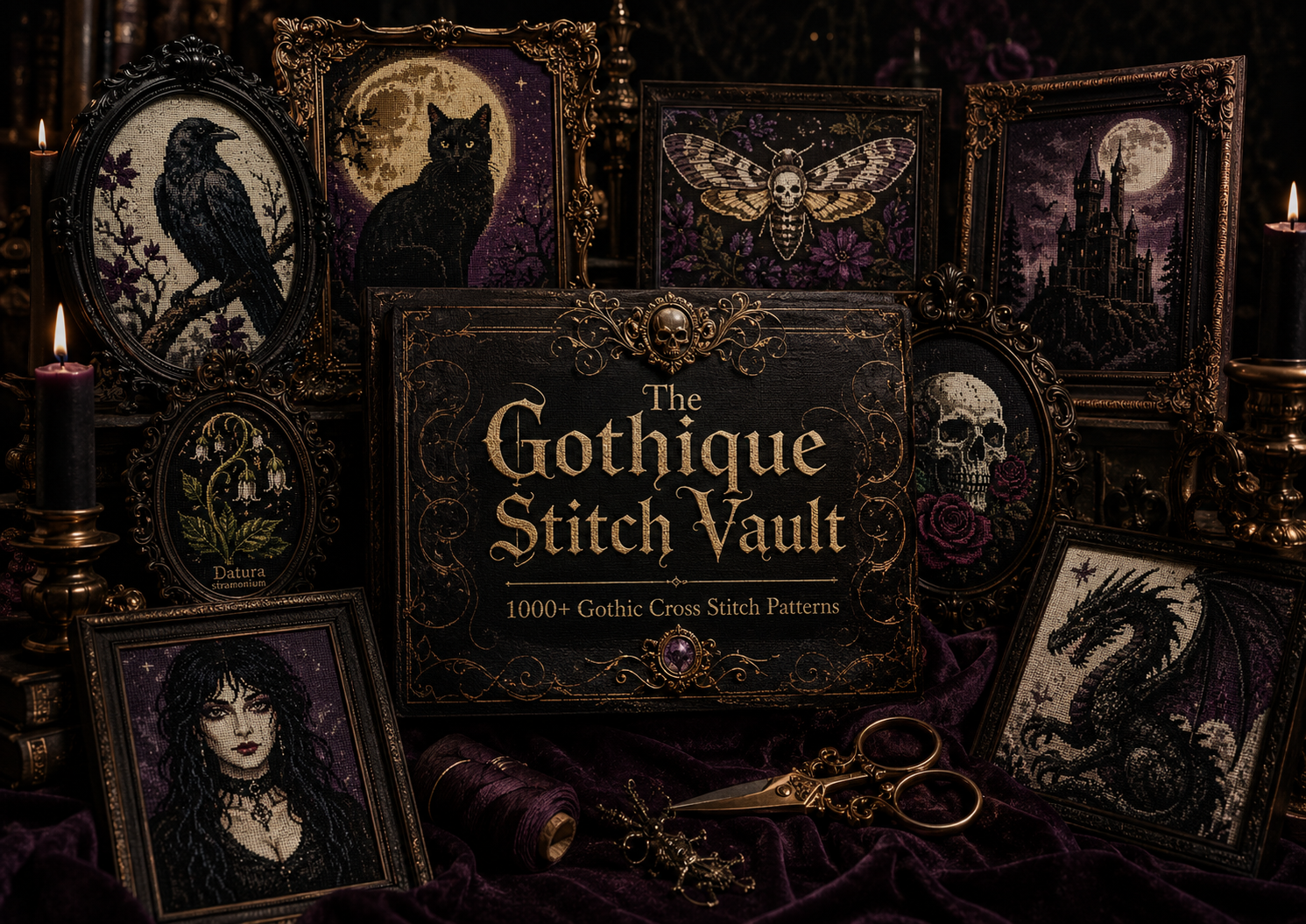 The Gothic Stitch Vault — candlelit desk with gothic embroidery hoop, pattern sheets, antique gold frames and dark florals